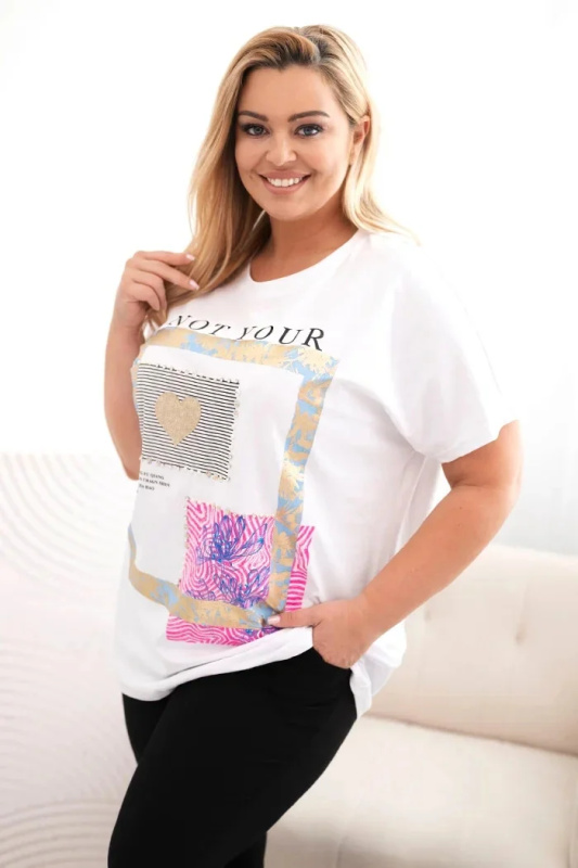 Kesi Halenka Plus Size 1275 se zlatým nápisem Barva: Modrá - světle, Velikost: UNI