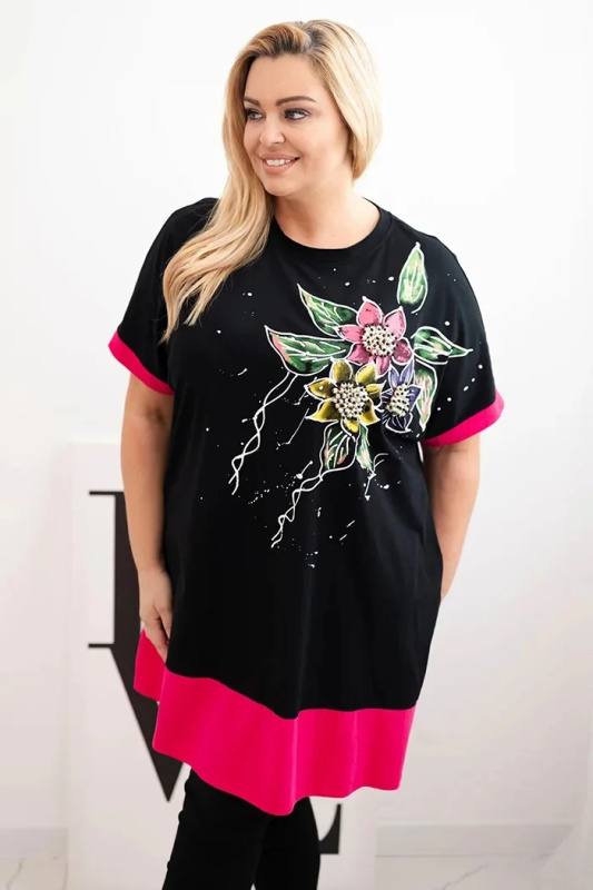Kesi Tunika Plus Size 1661 s květinovým vzorem Barva: Růžová, Velikost: UNI