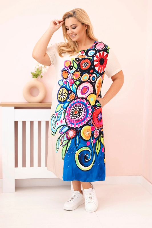 Kesi Šaty Plus Size 2189 z viskózy s barevným potiskem Barva: Béžová, Velikost: UNI