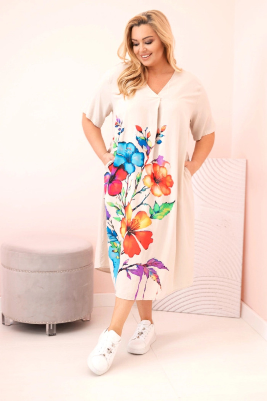 Kesi Šaty Plus Size 2172 z viskózy s květinovým potiskem Barva: Béžová, Velikost: UNI
