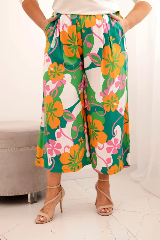 Kesi Kalhoty Plus Size MY311 z viskózy s květinovým vzorem Barva: Oranžová, Velikost: UNI