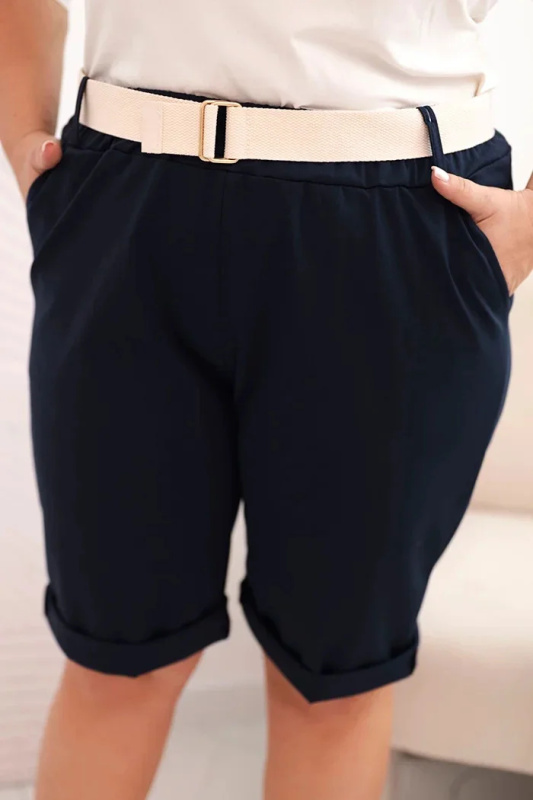 Kesi Dámské bavlněné šortky Plus Size s páskem fango Barva: Modrá - tmavě, Velikost: 3XL