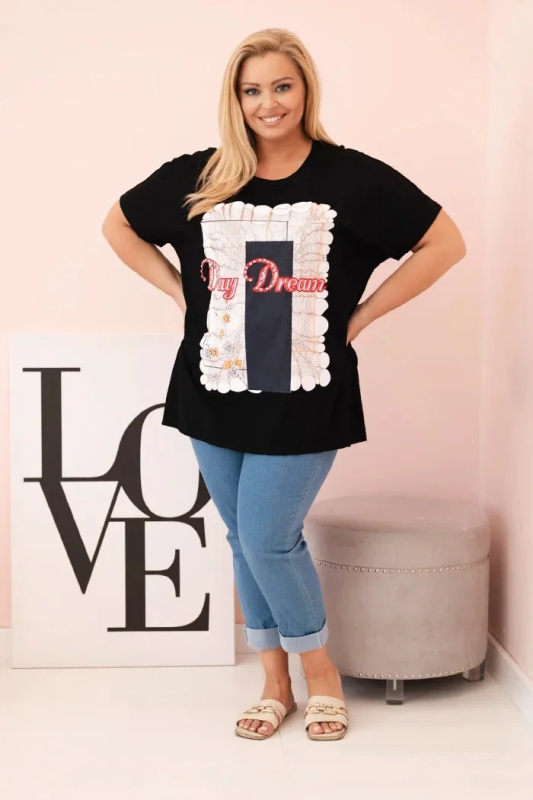 Kesi Dámská bavlněná halenka Plus Size s potiskem „Day Dream“ Barva: Černá, Velikost: UNI