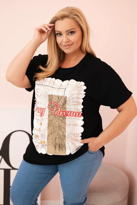 Kesi Dámská bavlněná halenka Plus Size s potiskem „Day Dream“ Barva: Hnědá, Velikost: UNI