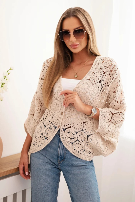 Kesi Dámský letní krajkový svetr s krátkým rukávem a volným střihem Barva: Béžová, Velikost: UNI