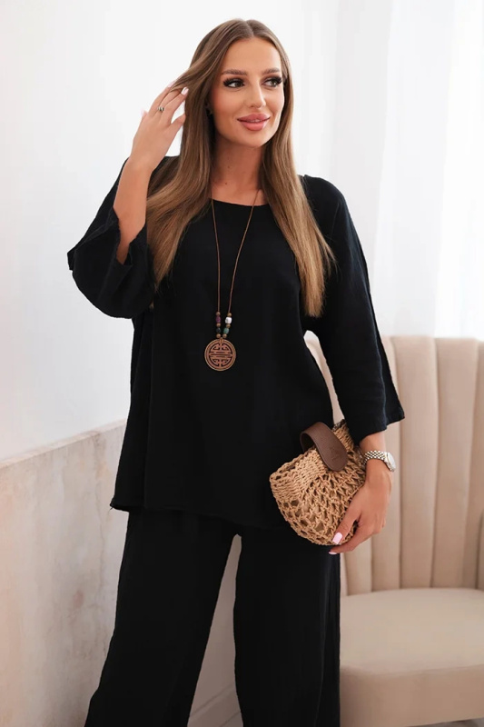 Kesi Dámský komplet z viskózy, blůza s náhrdelníkem a kalhoty fango Barva: Černá, Velikost: UNI