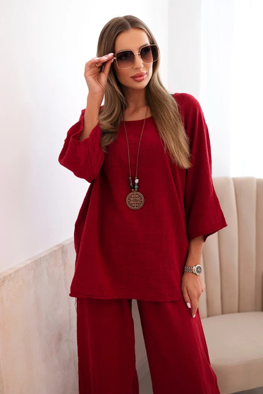 Kesi Dámský komplet z viskózy, blůza s náhrdelníkem a kalhoty fango Barva: Bordó, Velikost: UNI