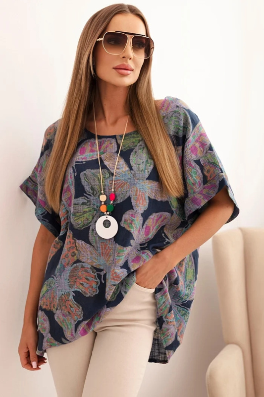 Kesi Dámská oversize halenka ART10739-2 s motivem motýlů Barva: Modrá - tmavě, Velikost: UNI