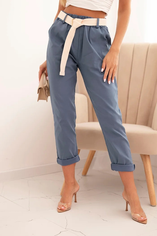 Kesi Dámské viskózové kalhoty ART3922 s páskem a ohrnutými nohavicemi Barva: Modrá, Velikost: UNI