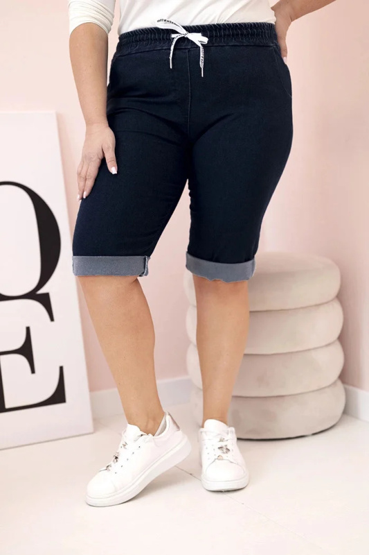 Kesi Dámské bavlněné šortky Plus Size s vázáním Barva: Modrá - tmavě, Velikost: XL