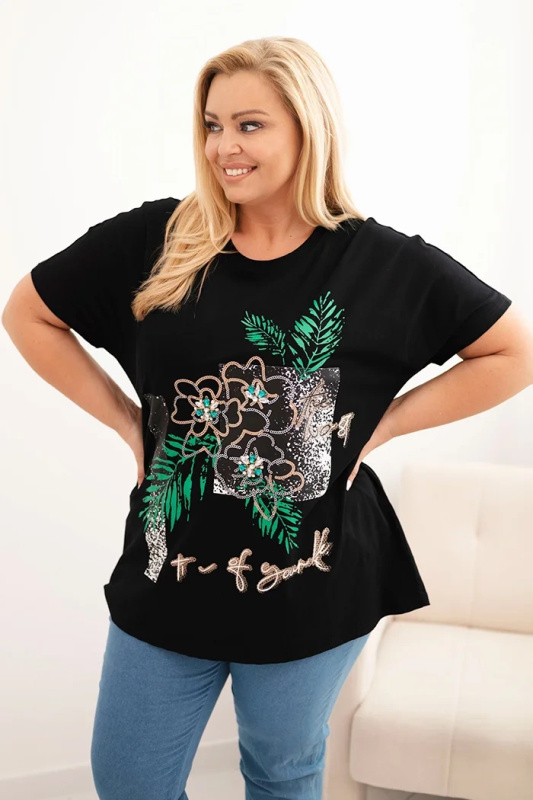 Kesi Tričko Plus Size 1323 s ozdobným květinovým potiskem Barva: Zelená, Velikost: UNI