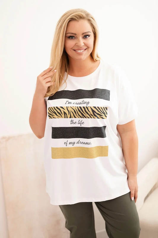 Kesi Tričko Plus Size 1195 se zlatým potiskem s třpytkami Barva: Bílá, Velikost: UNI