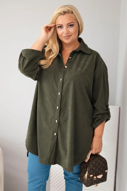 Kesi Dámská košile Plus Size z viskózy manšestrová s odepínacími rukávy camelová Barva: Zelená, Velikost: UNI