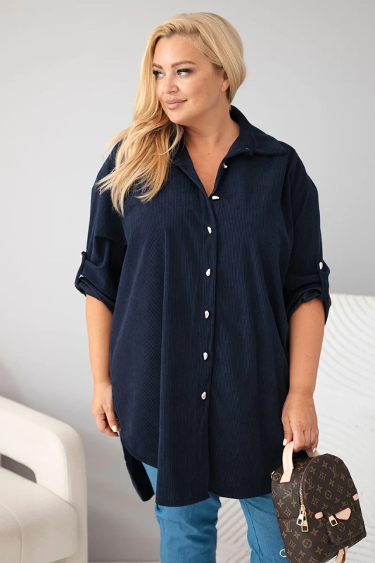 Kesi Dámská košile Plus Size z viskózy manšestrová s odepínacími rukávy camelová Barva: Modrá - tmavě, Velikost: UNI