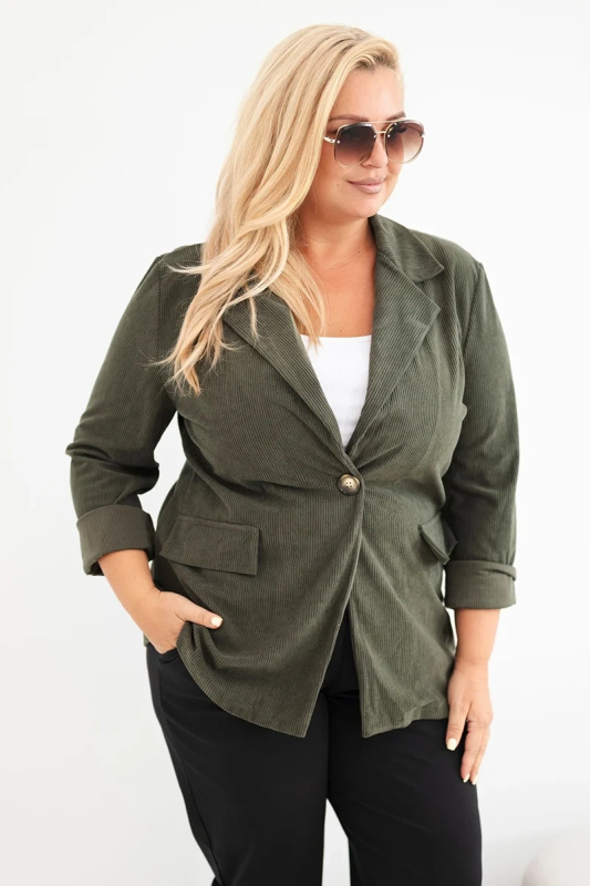 Kesi Dámské sako Plus Size manšestrové s klopami a kapsami khaki Barva: Zelená, Velikost: UNI