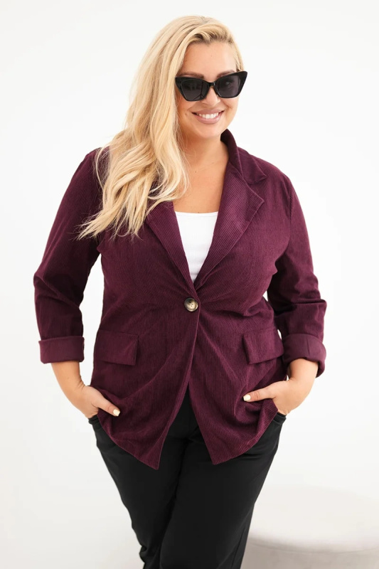 Kesi Dámské sako Plus Size manšestrové s klopami a kapsami khaki Barva: Fialová, Velikost: UNI