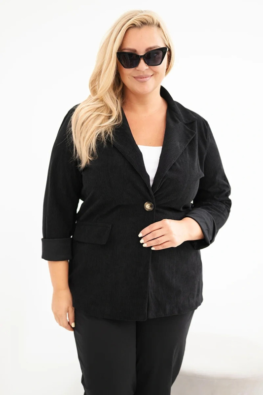 Kesi Dámské sako Plus Size manšestrové s klopami a kapsami khaki Barva: Černá, Velikost: UNI