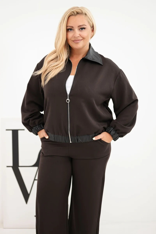 Kesi Dámská sada Plus Size se zipovou mikinou a širokými kalhotami hnědý Barva: Hnědá, Velikost: UNI