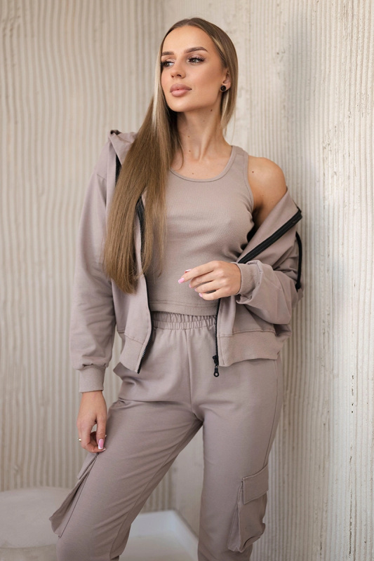 Kesi Dámský komplet Belle - mikina + top + tepláky Barva: Béžová - tmavě, Velikost: UNI