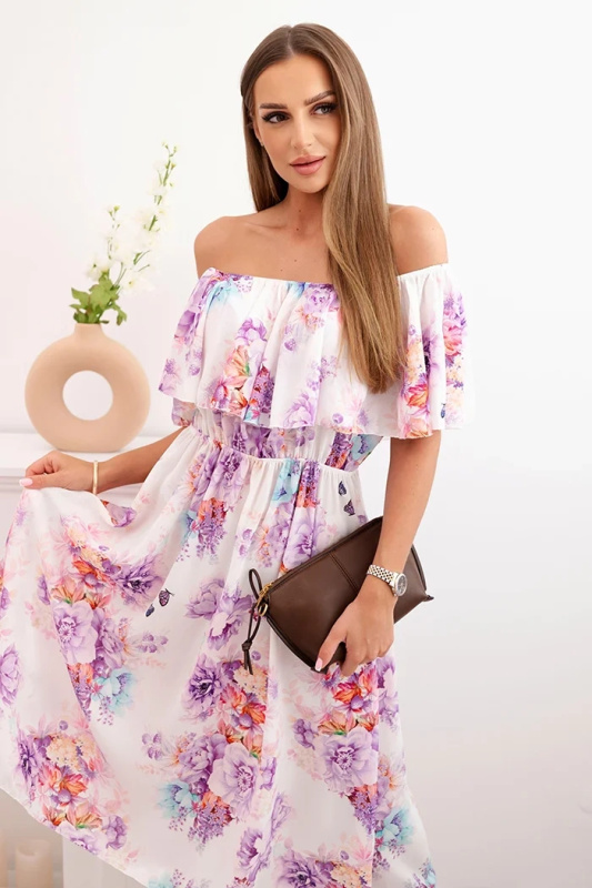 Kesi Dámské šaty Alfred s volánem a odhalenými rameny s květinami Barva: Fialová, Velikost: UNI