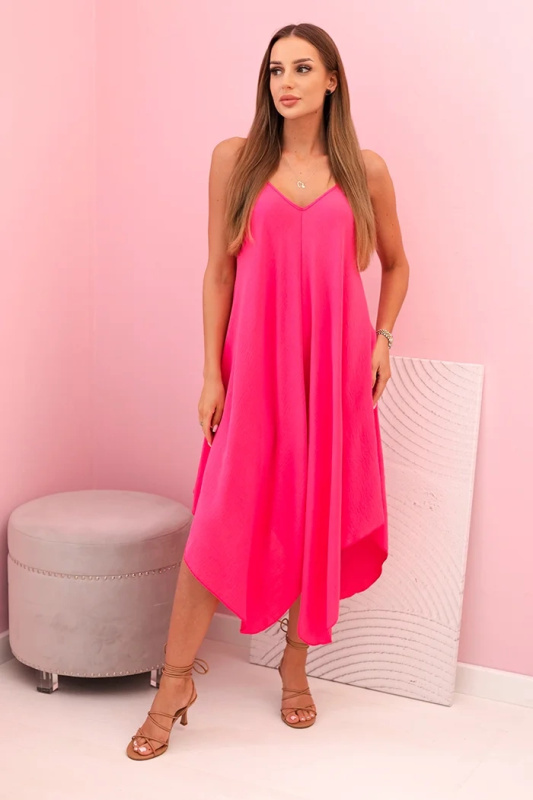 Kesi Dámské šaty na ramínka rozšířeným asymetrickým růžovým lemem Barva: Růžová, Velikost: UNI