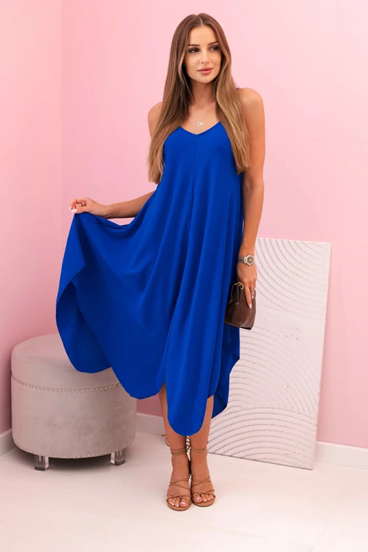 Kesi Dámské šaty na ramínka rozšířeným asymetrickým růžovým lemem Barva: Fialová, Velikost: UNI