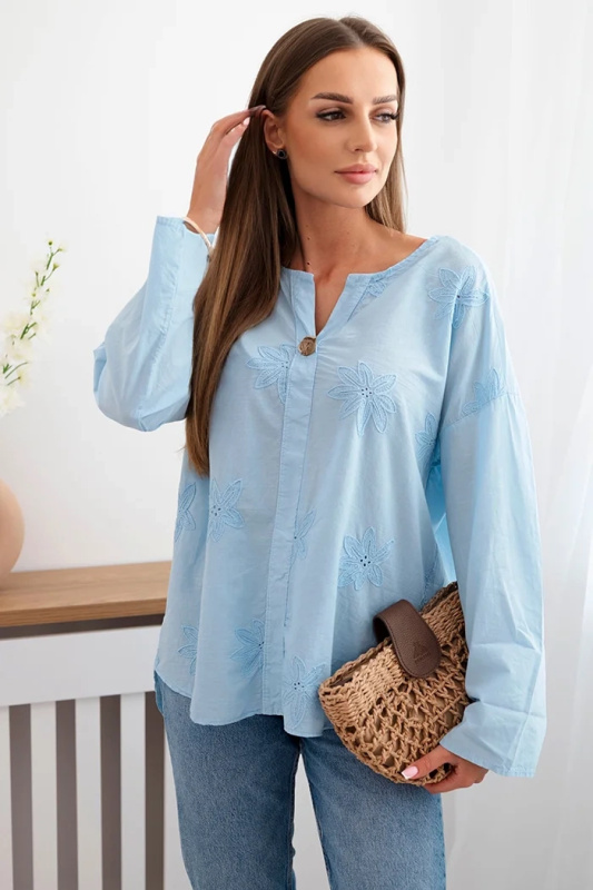 Kesi Košilová halenka KE-IT-67 s vyšívaným vzorem Barva: Modrá, Velikost: UNI