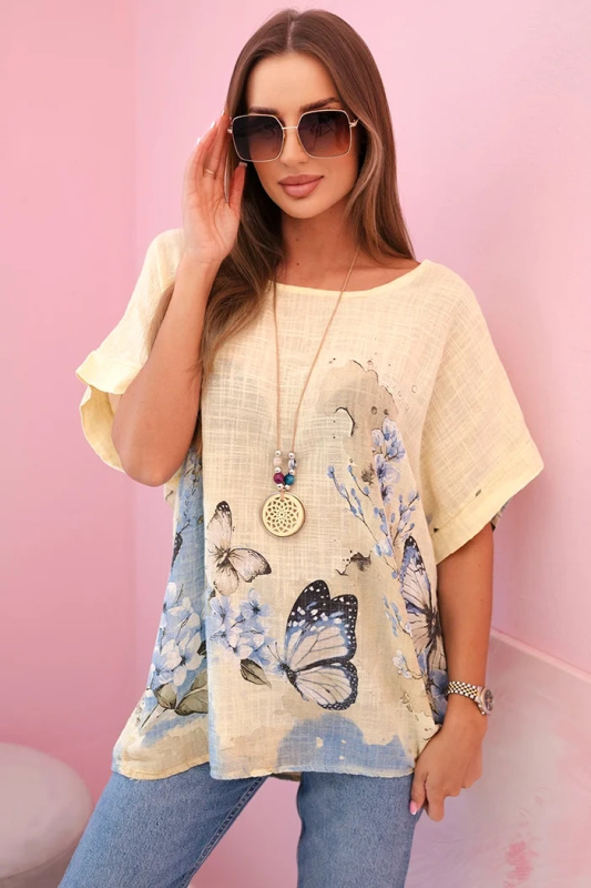 Kesi Dámská bavlněná košile s motýly a květinami Barva: Žlutá, Velikost: UNI