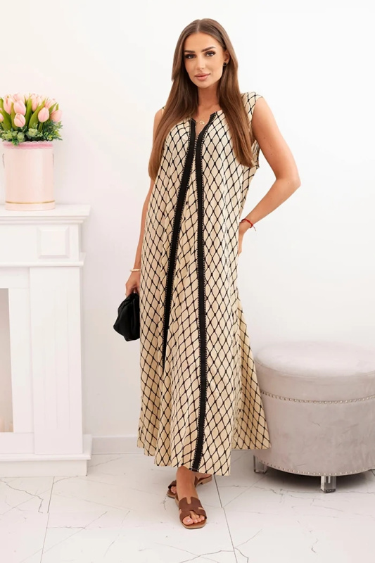 Kesi Dámské bavlněné šaty bez rukávů s širokým lemem béžový Barva: Béžová, Velikost: UNI