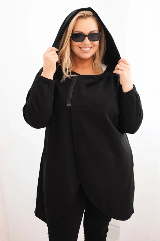 Kesi Dámská mikina Plus Size zateplená s kapucí a asymetrickým zipem Barva: Černá, Velikost: 2XL/3XL