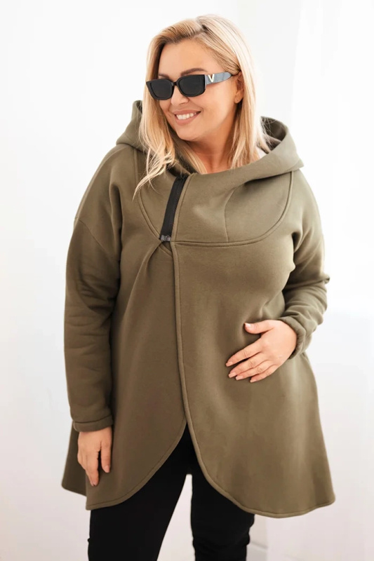 Kesi Dámská mikina Plus Size zateplená s kapucí a asymetrickým zipem Barva: Zelená, Velikost: 2XL/3XL