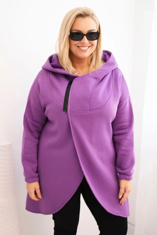 Kesi Dámská mikina Plus Size zateplená s kapucí a asymetrickým zipem Barva: Fialová, Velikost: 4XL/5XL
