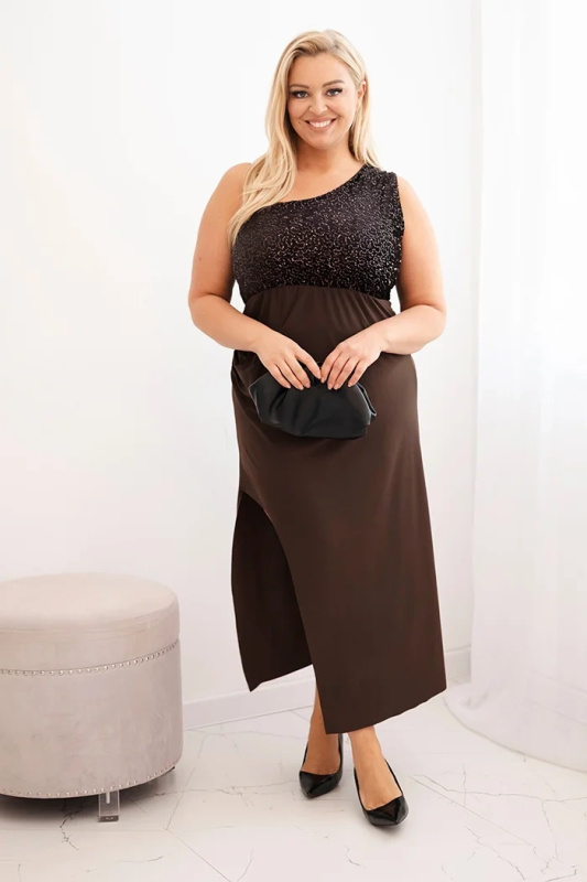 Kesi Dámská večerní šaty Plus Size na jedno rameno Barva: Hnědá, Velikost: UNI