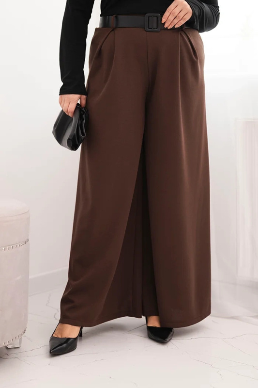 Kesi Dámské kalhoty Plus Size s širokou nohavicí a páskem Barva: Hnědá, Velikost: UNI