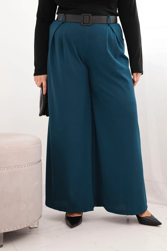 Kesi Dámské kalhoty Plus Size s širokou nohavicí a páskem Barva: Modrá - tmavě, Velikost: UNI