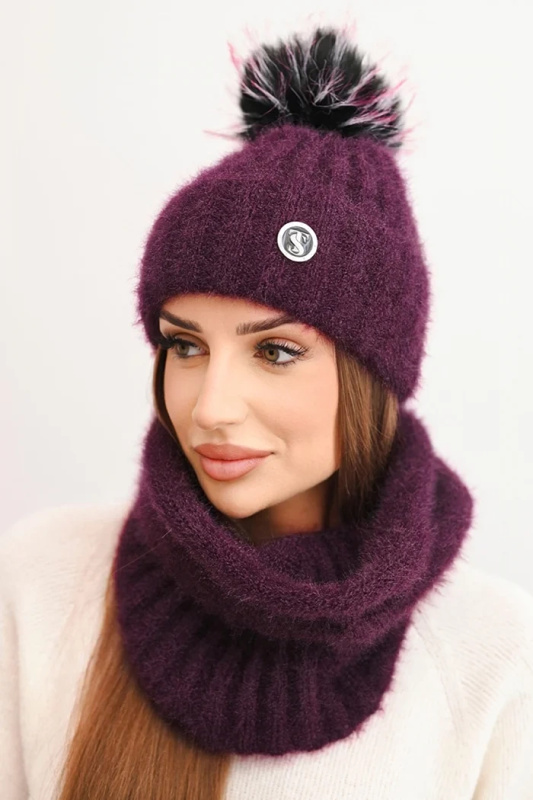 Polski Dámská zimní souprava s bambulí a šálou fialová Barva: Fialová, Velikost: UNI