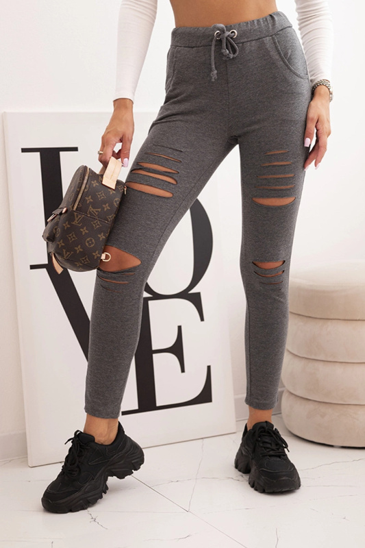 Kesi Dámské kalhoty z bavlny s roztržením a gumou v pase Barva: Šedá - tmavě, Velikost: UNI