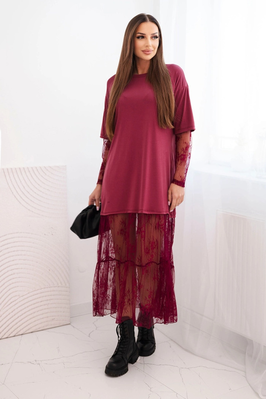 Kesi Dámské šaty s tylovým spodkem a rukávy černá Barva: Bordó, Velikost: UNI