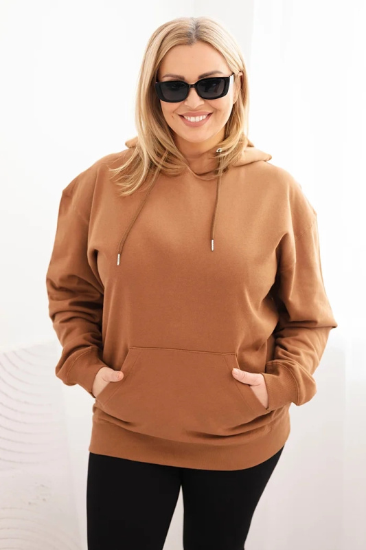 Kesi Dámská mikina s kapucí a klokaní kapsou Plus Size z bavlny Barva: Béžová, Velikost: 2XL