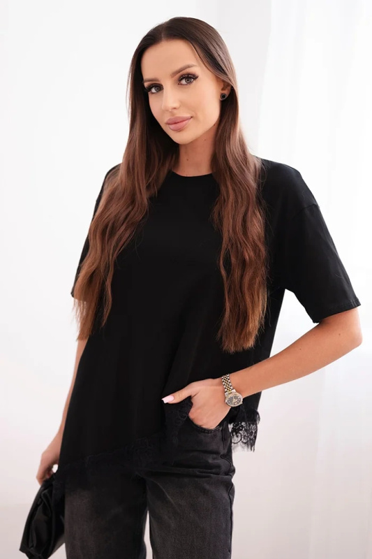 Kesi Dámská asymetrická bavlněná blůza s krajkou dole Barva: Černá, Velikost: UNI