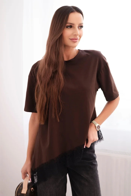 Kesi Dámská asymetrická bavlněná blůza s krajkou dole Barva: Hnědá, Velikost: UNI