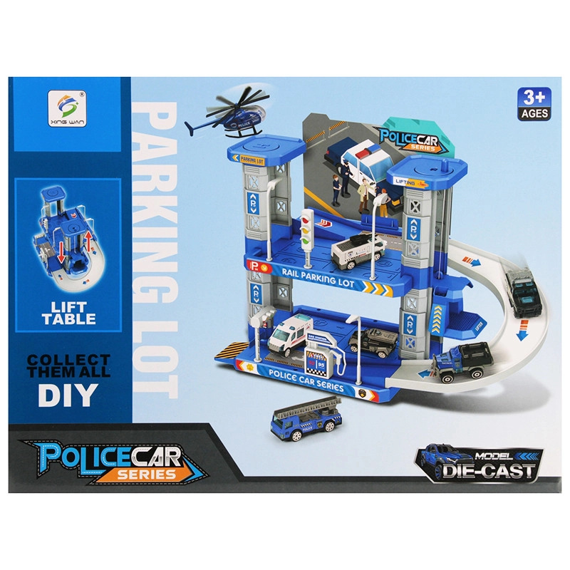 policejní parkoviště se 2 auty a vrtulníkem