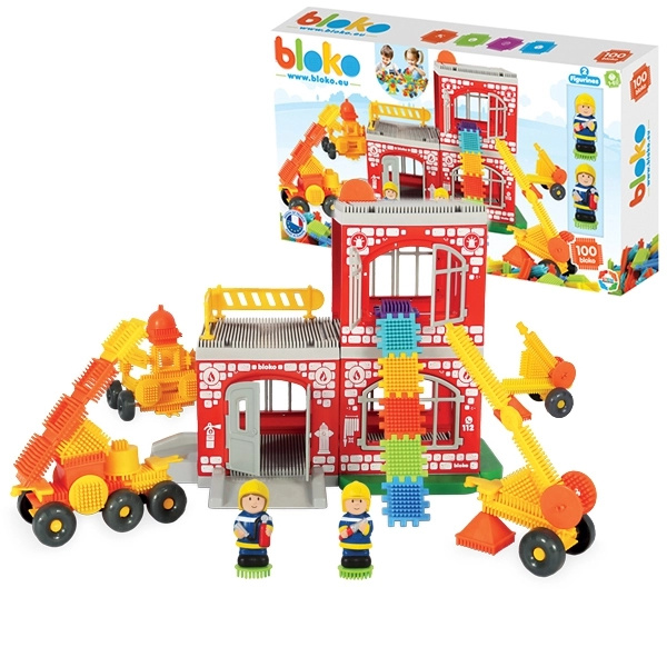 Mochtoys stavebnice Pin Bricks hasiči v kartonové krabici 100 ks + 2 figurky
