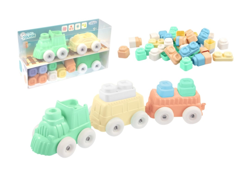 Mochtoys Vláček + kostky silikonové Play&Squish 12 ks
