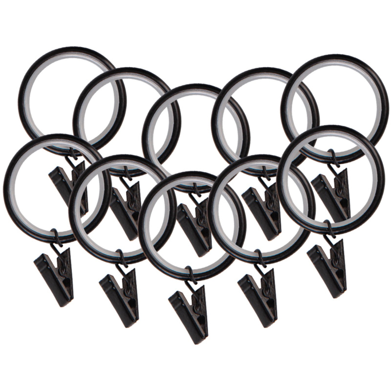 Záclonové kroužky s žabkami černé, 10 ks, pr. 25 mm