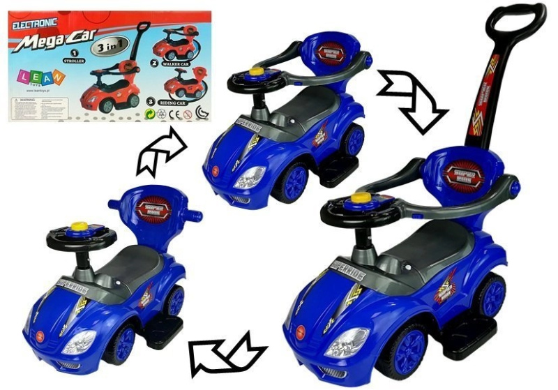 LeanToys Klouzací auto s tlačnou tyčí Mega Car 3v1 Modrá