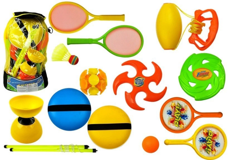 Sportovní set pro děti: rakety, frisbee a diabolo v batohu