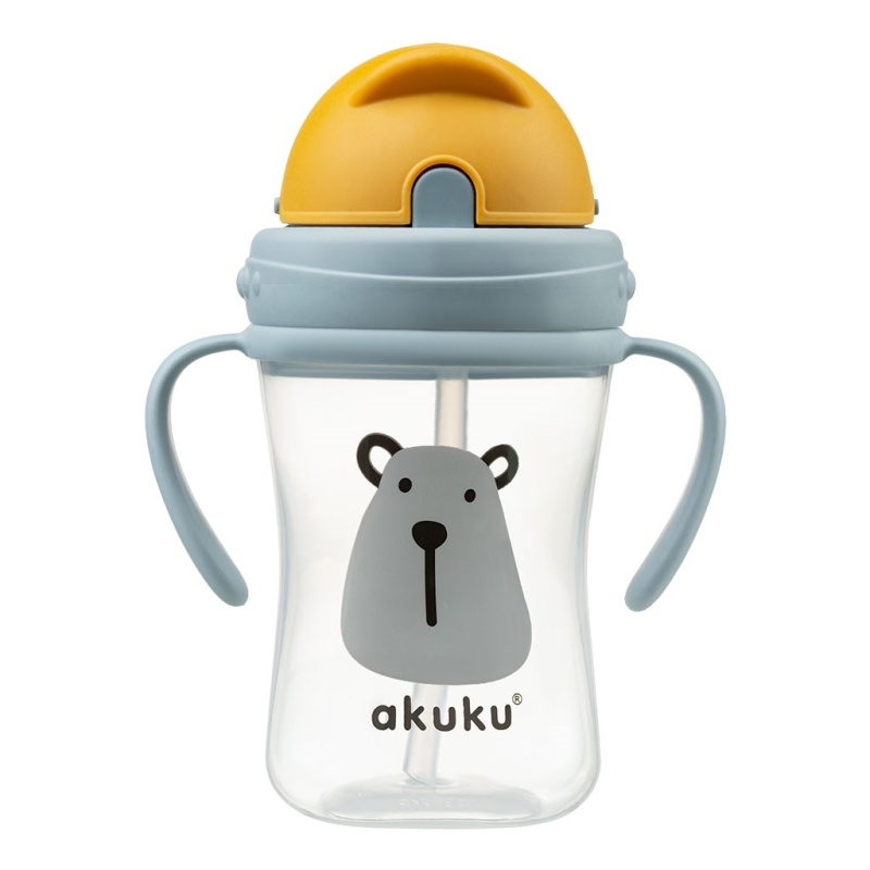 Akuku Lahvička/hrneček s úchyty a brčkem Medvěd 300 ml, šedá/žlutá