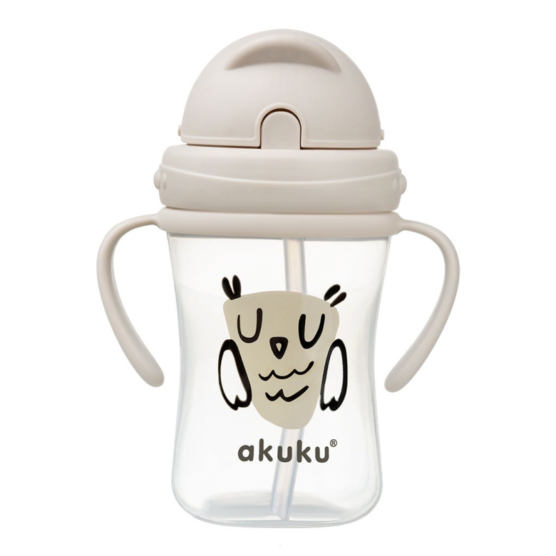 Akuku Lahvička/hrneček s úchyty a brčkem Sova 300 ml, béžová