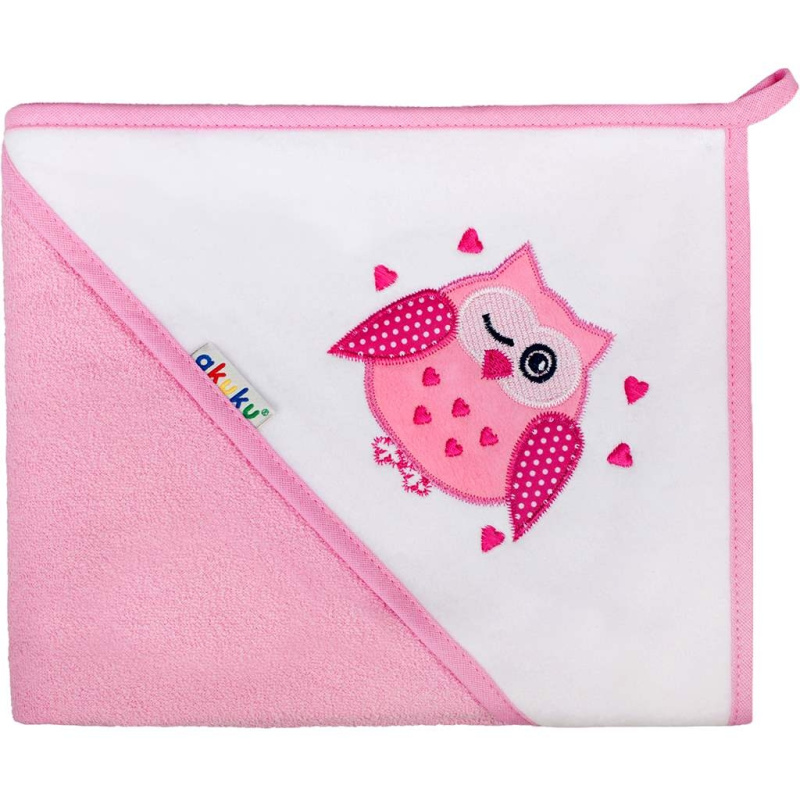 Akuku Dětská osuška s kapucí 80 x 80cm, froté - Sova, růžová, Akuku